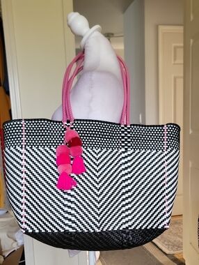 Boutique Mexico Stylish Black & Pink Woven Tote Bag with Pink Tassels